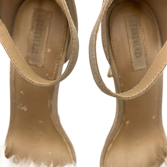 Cream Beige Dressy Faux Ostrich Feather & Suede Ankle Strap Open Toe Heels Shoes - Picture 4 of 7